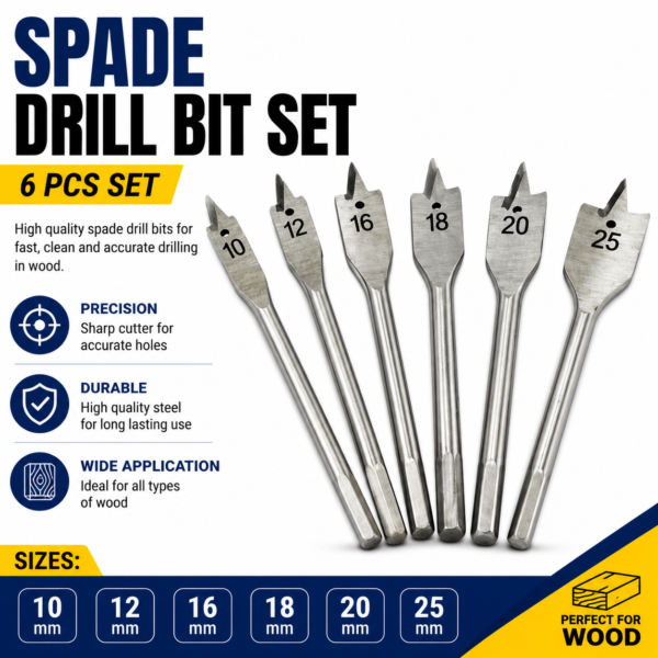 6PCS Spade Drill Bit Set 10–25mm | Flat Wood Drill Bit Set for Woodworking