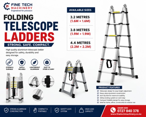 Folding Telescopic Ladder Kenya – 3.2M, 3.8M & 4.4M Multi-Purpose Aluminium Ladder | Fine Tech Machinery
