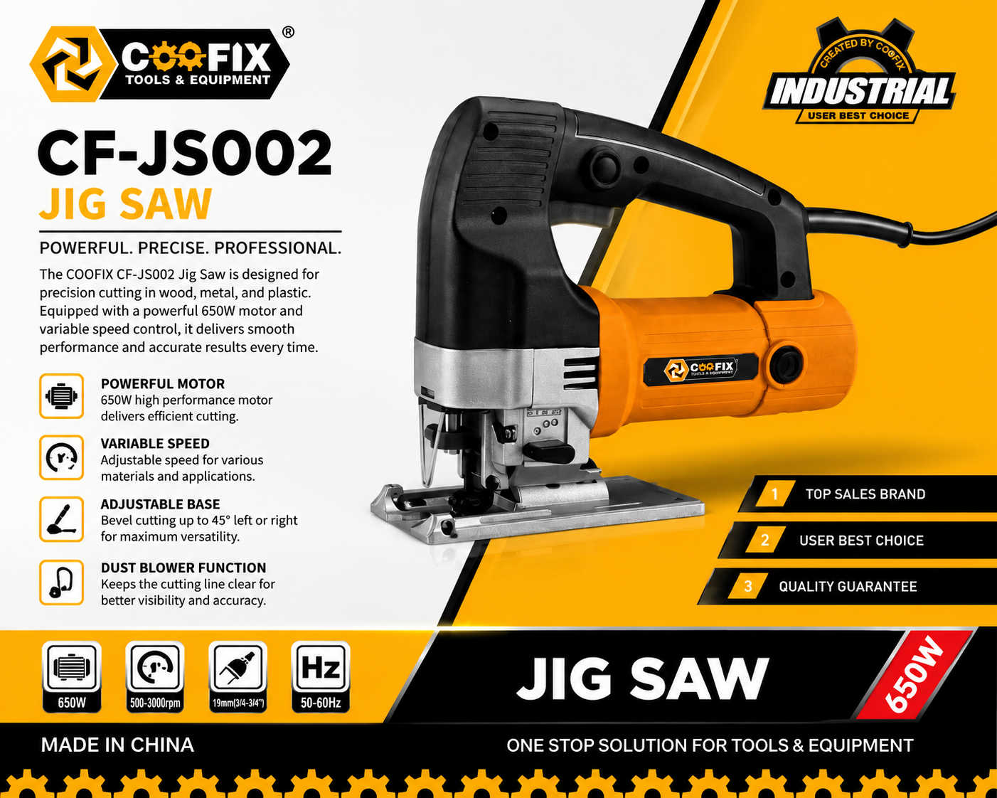 COOFIX CF-JS002 650W Electric Jigsaw | Professional Wood & Metal Cutting Tool