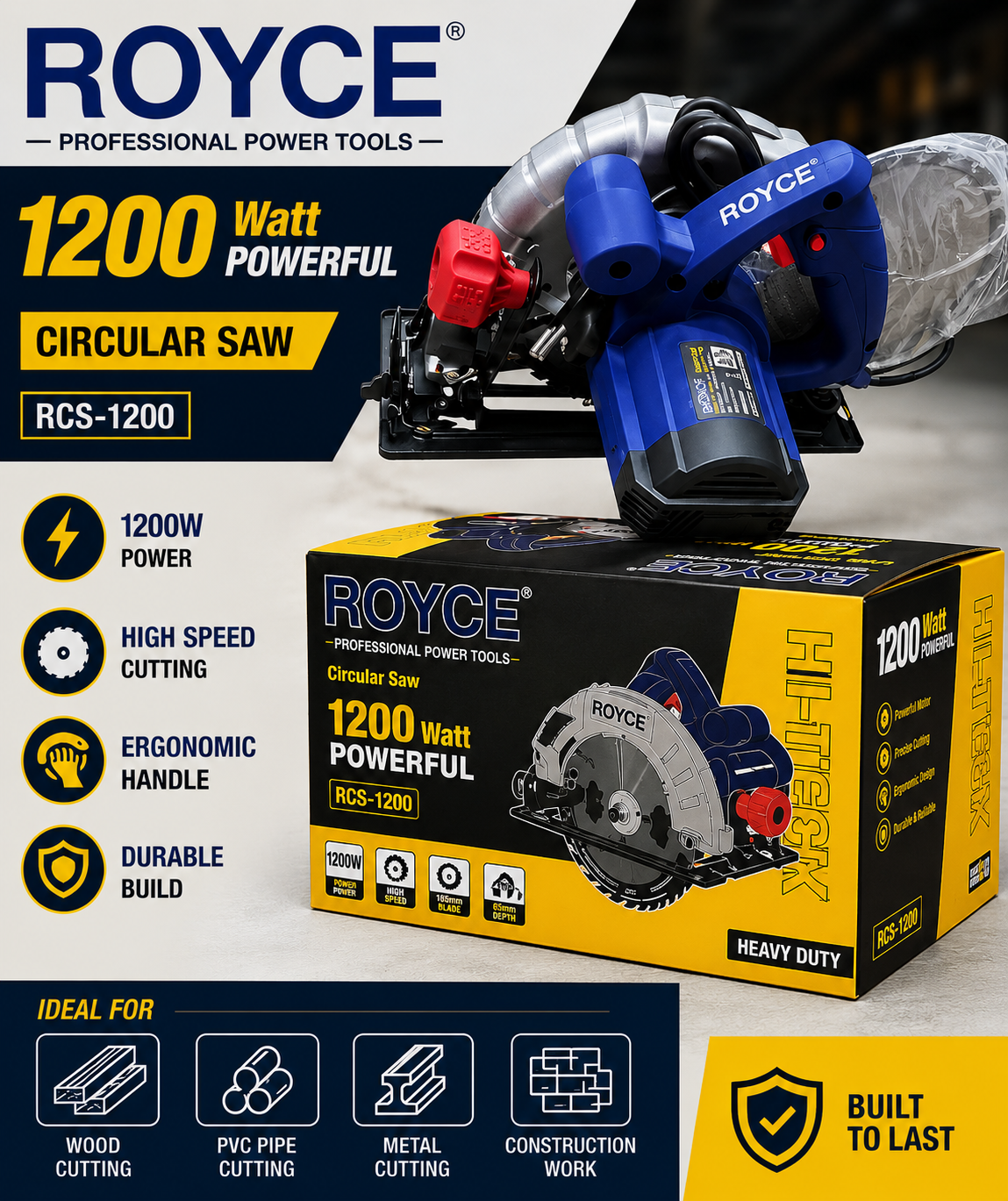 ROYCE 1200W Circular Saw – Professional Electric Circular Saw for Wood & Metal Cutting