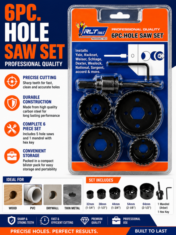 6-Piece Hole Saw Set – Professional Hole Cutter Kit for Wood, PVC & Drywall
