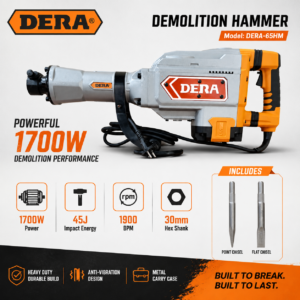 DERA 1700W Demolition Hammer 45J Heavy Duty Electric Concrete Breaker with 30mm Hex Shank