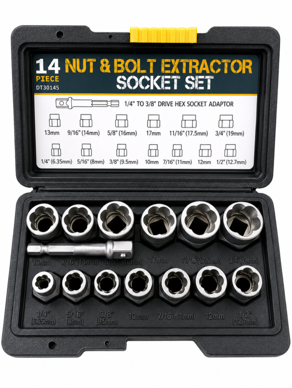 14-Piece Nut & Bolt Extractor Socket Set – Damaged Bolt Remover Kit with Hex Adapter