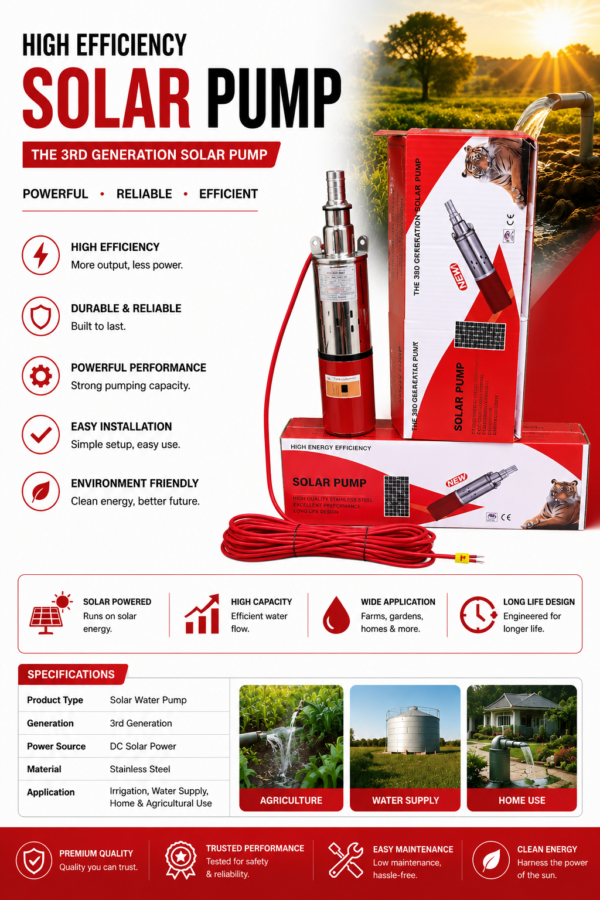 3rd Generation Solar Submersible Water Pump – High Efficiency DC Solar Borehole Pump