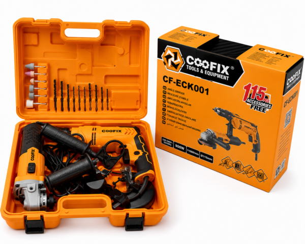 COOFIX 115-Piece Power Tool Combo Kit – Angle Grinder & Impact Drill Set