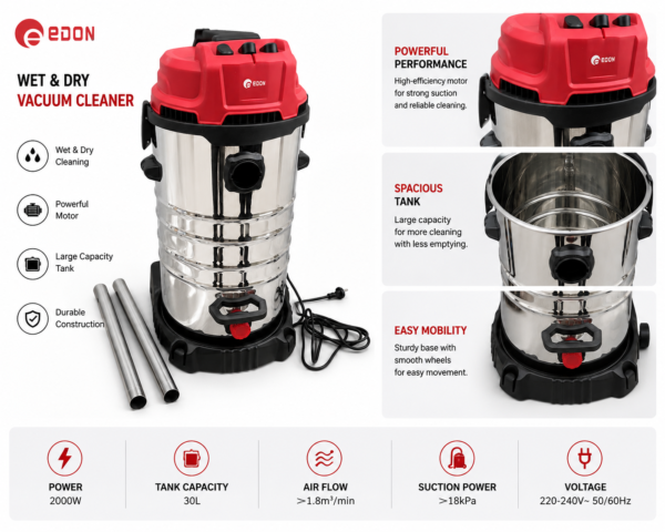 EDON Wet & Dry Vacuum Cleaner – Heavy Duty Stainless Steel Industrial Vacuum