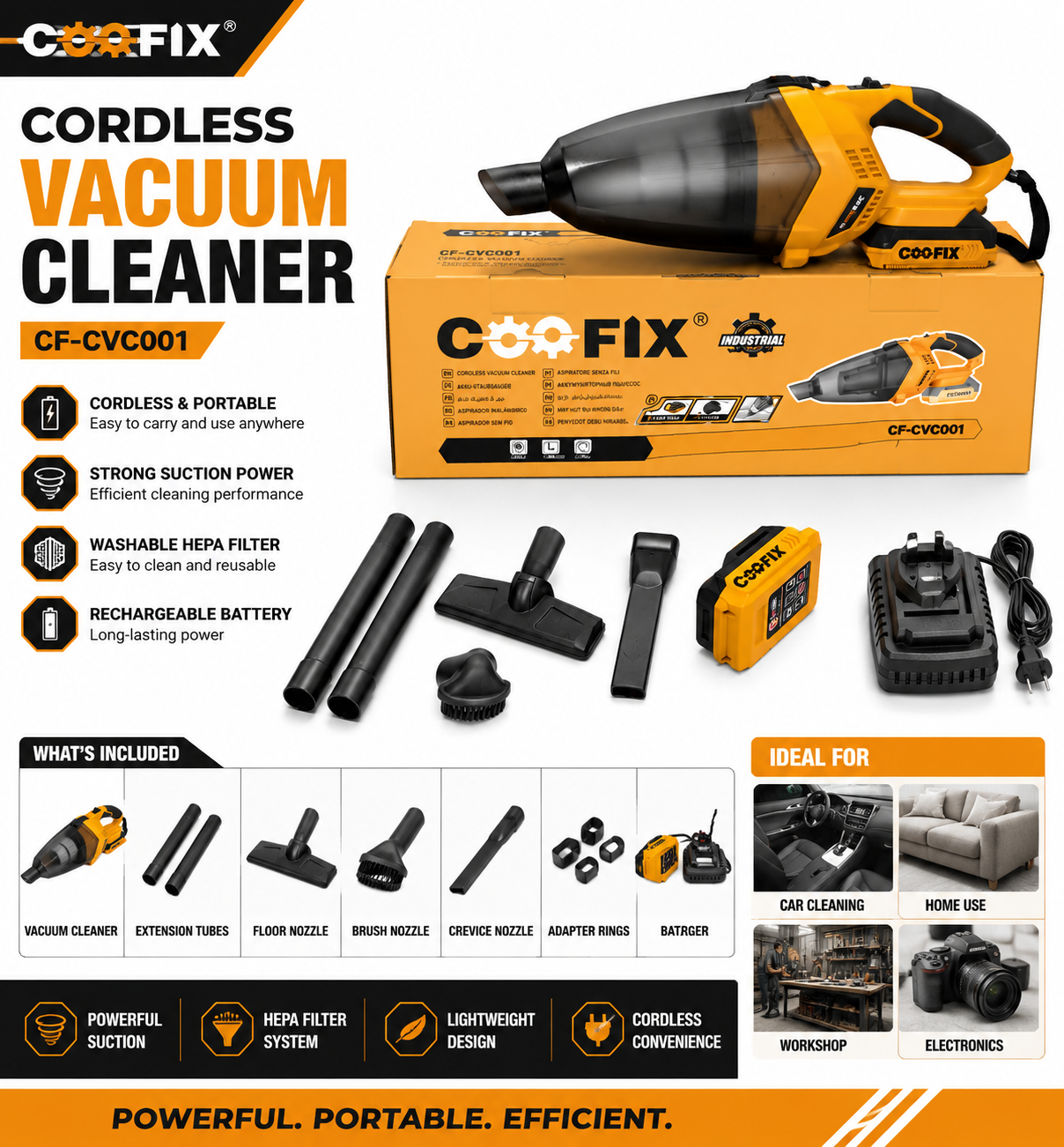 COOFIX CF-CVC001 Cordless Vacuum Cleaner – Portable Rechargeable Handheld Vacuum