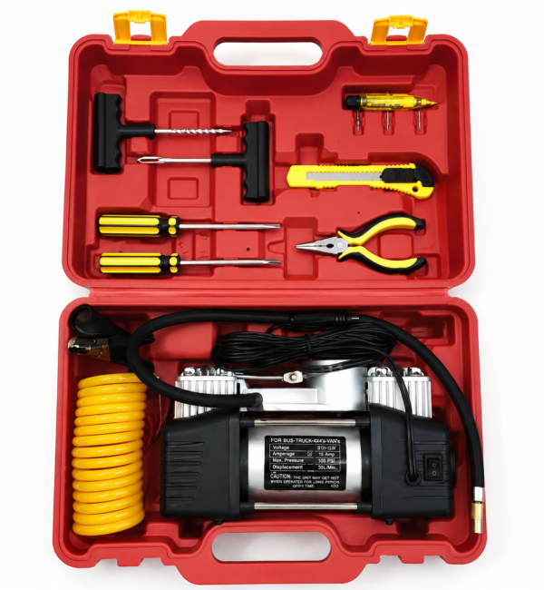 12V Portable Twin Cylinder Air Compressor Kit with Heavy Duty Carry Case