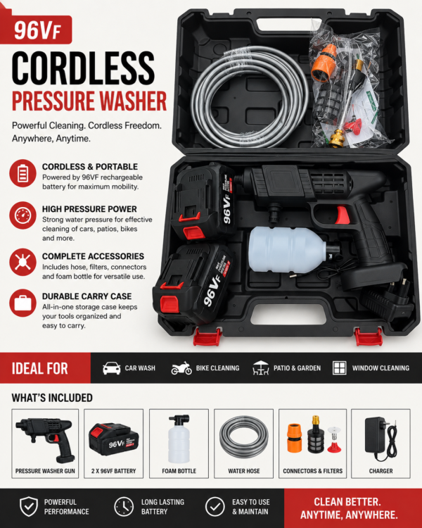 96VF Cordless High Pressure Washer – Portable Rechargeable Power Washer